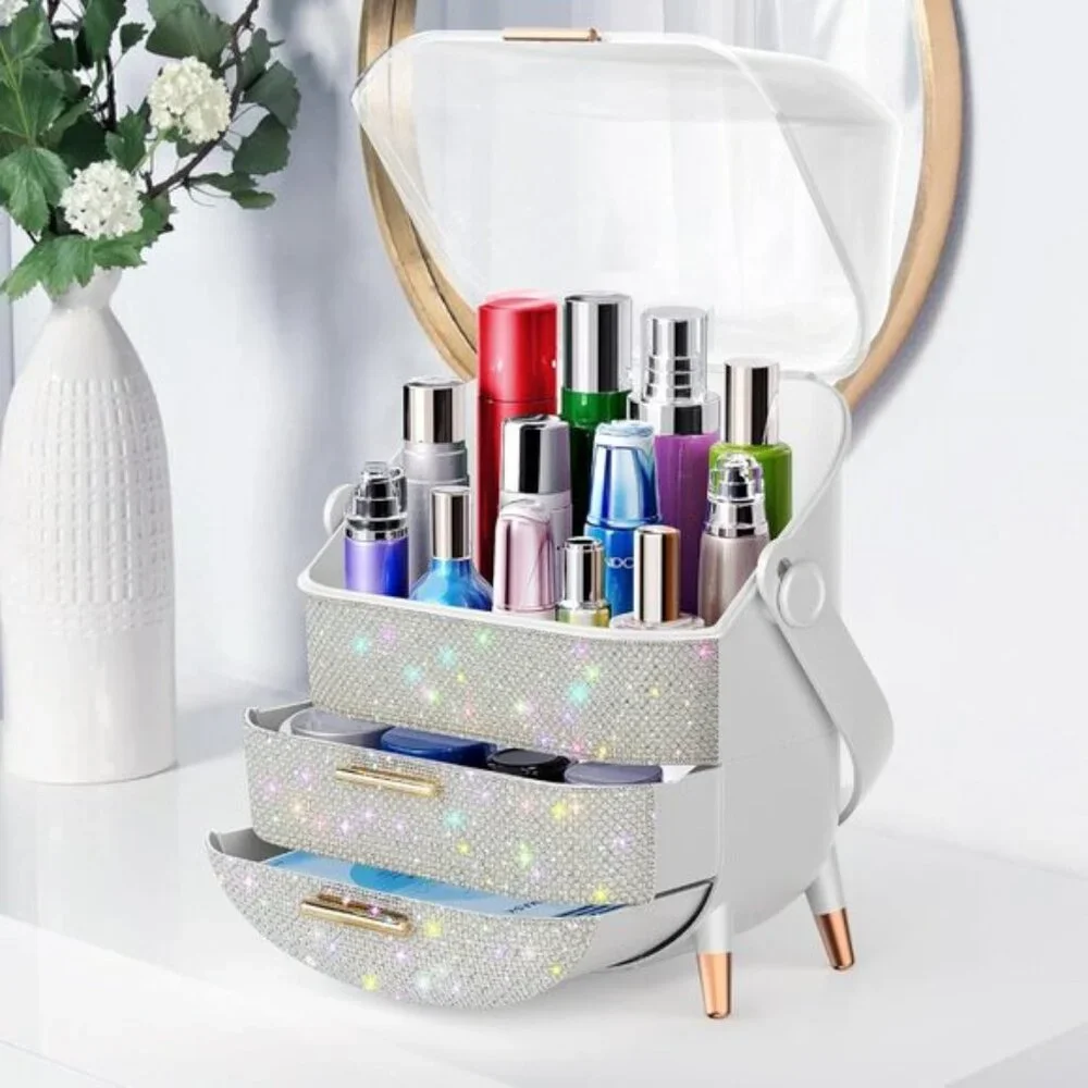 New Rhinestone Makeup Organizer, Skincare & Cosmetic Display Case for Teen Girls